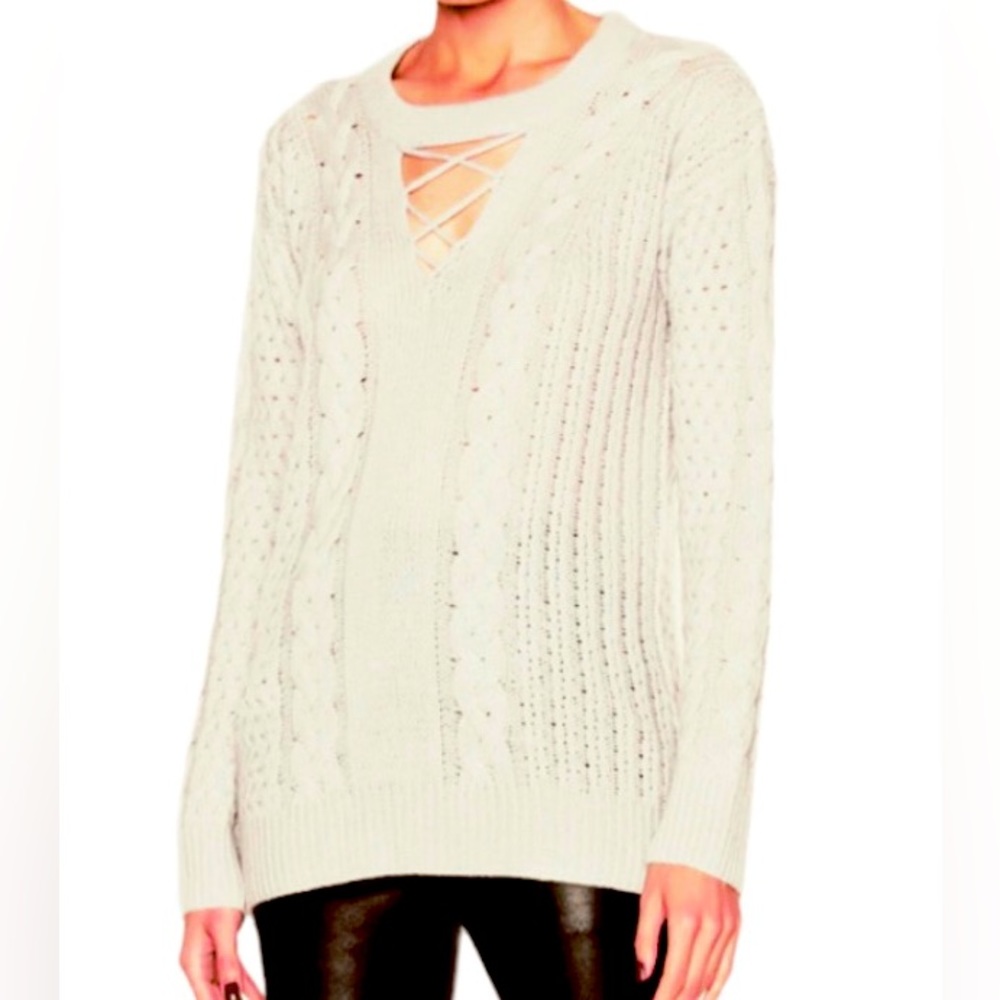 Prabal Gurung RARE 100% Cashmere Knit V-Neck Fisherman Pullover Cream Sweater S
